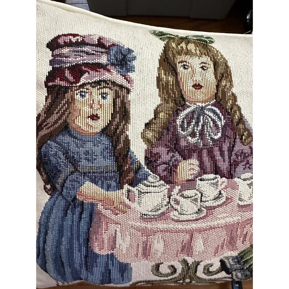 VTG Doll Tea Party Tapestry Pillow Cottage Granny Dakotah Victorian‎ Porcelain
